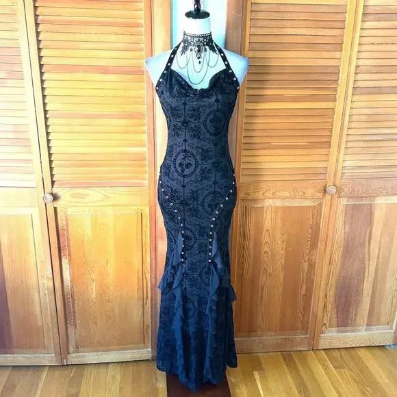 Gothic Victorian Vampire Dark Fairy Torture Garden Black Ruffle & Strap Dress - Picture 1 of 12